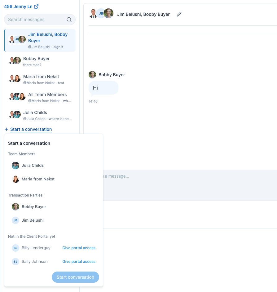 Start a conversation picker in Nekst showing Team Members and Transaction Parties