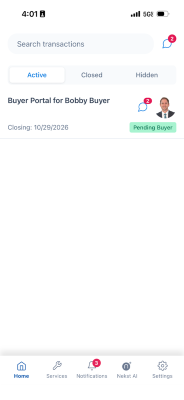 Nekst Client app Home screen with the Messages icon in the header and on a transaction card