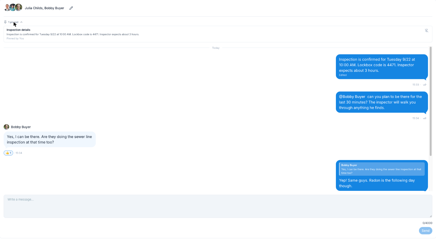 A Communication Hub conversation showing a pinned message, a quoted reply, an emoji reaction, and read receipt ticks