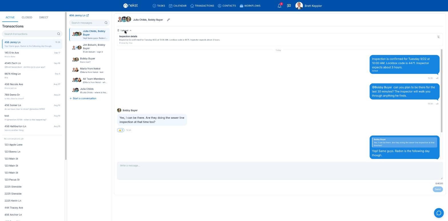 Nekst account-wide Messages inbox with transactions, conversations, and an open conversation