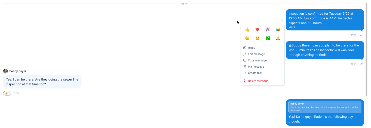 Message actions menu in the Nekst Communication Hub with emoji reactions, Reply, Edit, Pin, Create Task, and Delete