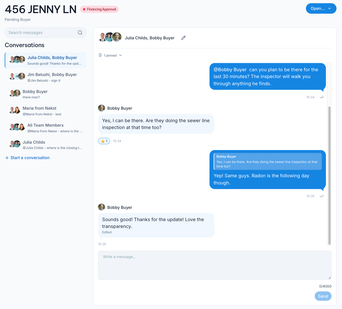 Nekst Communication Hub on a transaction, showing the conversation list and an open conversation