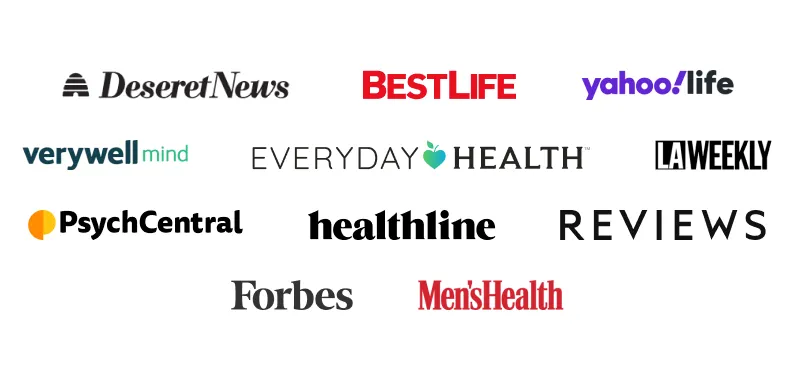 Publication logos including Deseret News, Best Life, Yahoo Life, Verywell Mind, Everyday Health, PsychCentral, Healthline, Forbes, and Mens Health