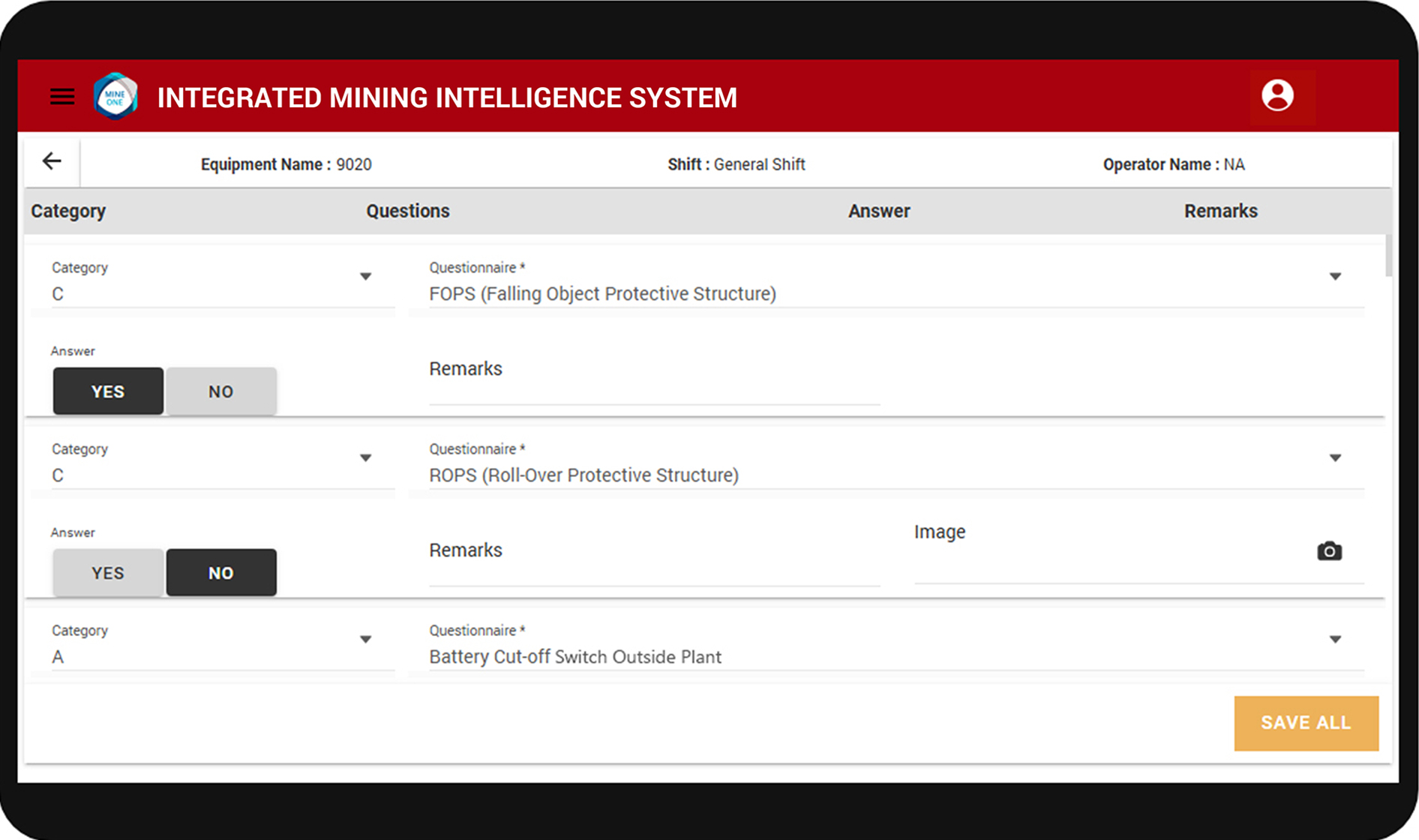 A questionnaire-based checklist on the Integrated Mining Intelligence System mobile app.