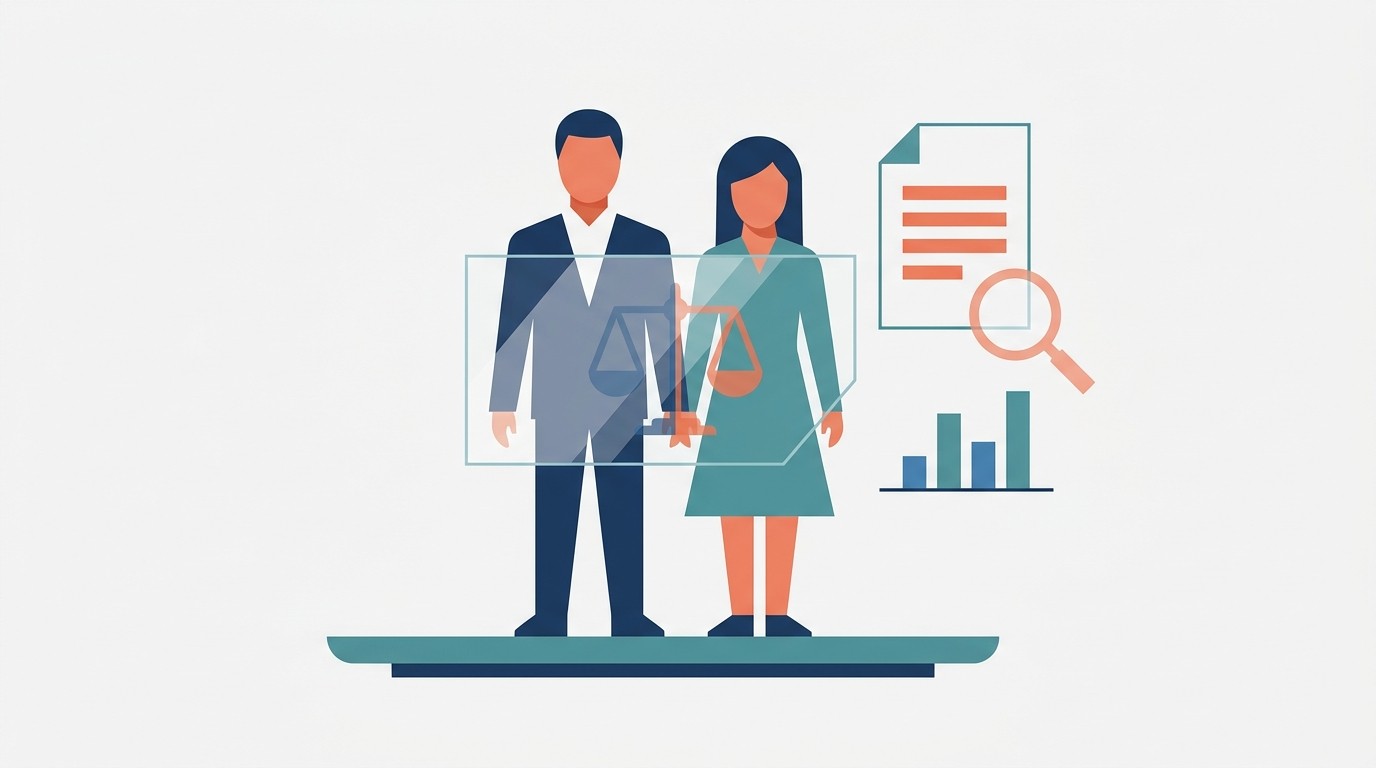 Illustration : un homme et une femme de même taille sur une balance, symbolisant l'égalité et la transparence des rémunérations, avec un document et un graphique