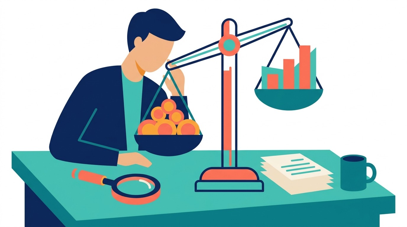Illustration : un responsable RH examine une balance comparant les cotisations encaissees et les prestations versees, avec une loupe posee sur le bureau