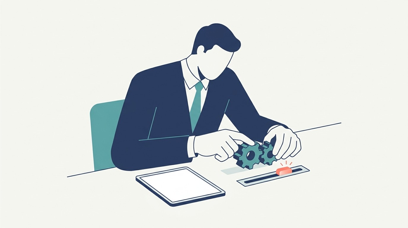Illustration : un dirigeant ajuste deux engrenages et un curseur de reglage sur son bureau, symbolisant le calibrage d une formule d interessement
