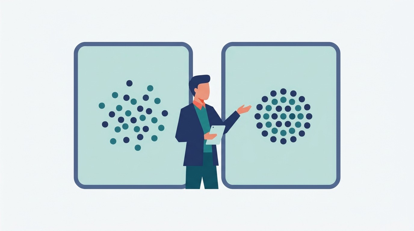 Illustration : un responsable RH compare deux panneaux, l un avec des points disperses et l autre avec les memes points regroupes, symbolisant une mesure avant et apres