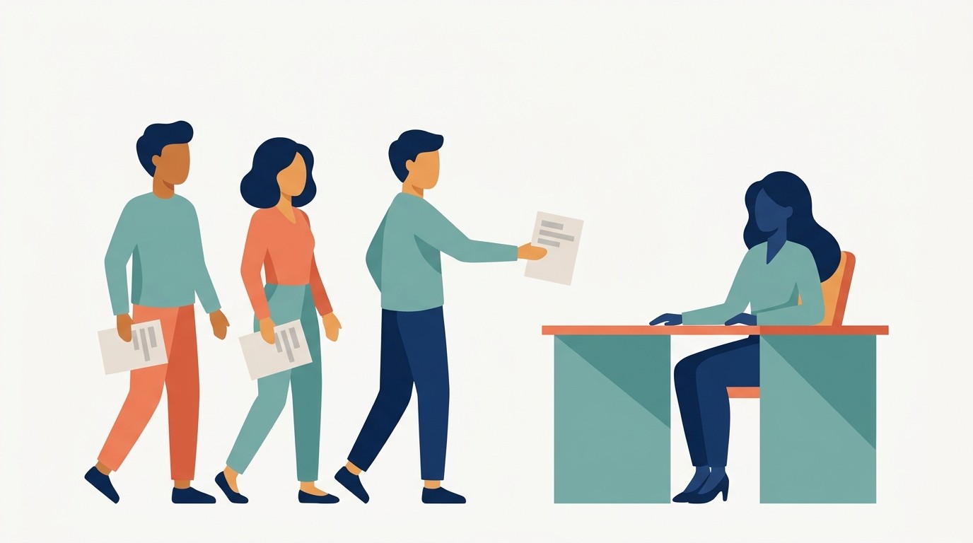 Illustration : des collaborateurs viennent poser leurs questions à une interlocutrice préparée à y répondre