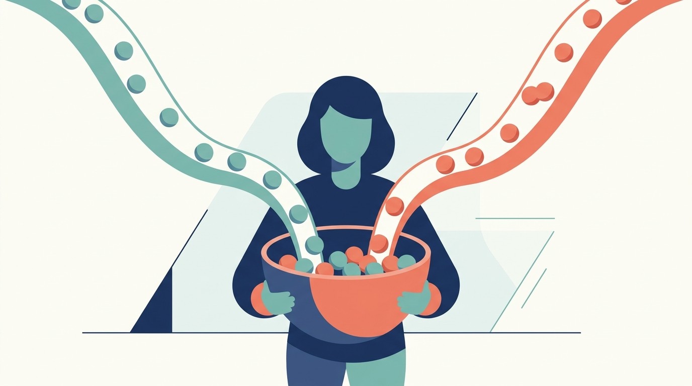 Illustration : deux flux de couleurs différentes convergent vers un même panier tenu par une collaboratrice