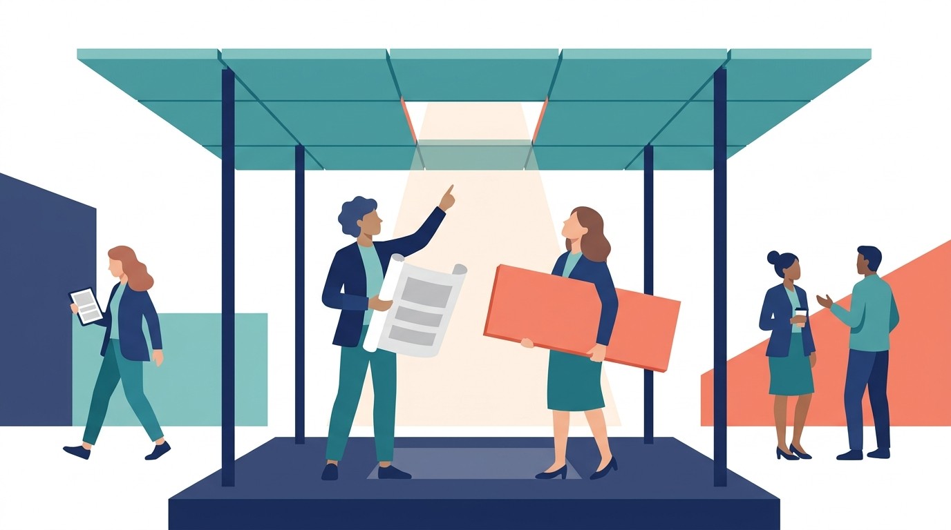 Illustration : un auvent protecteur dont un panneau manque, repéré à temps par deux collaborateurs qui apportent l'élément manquant
