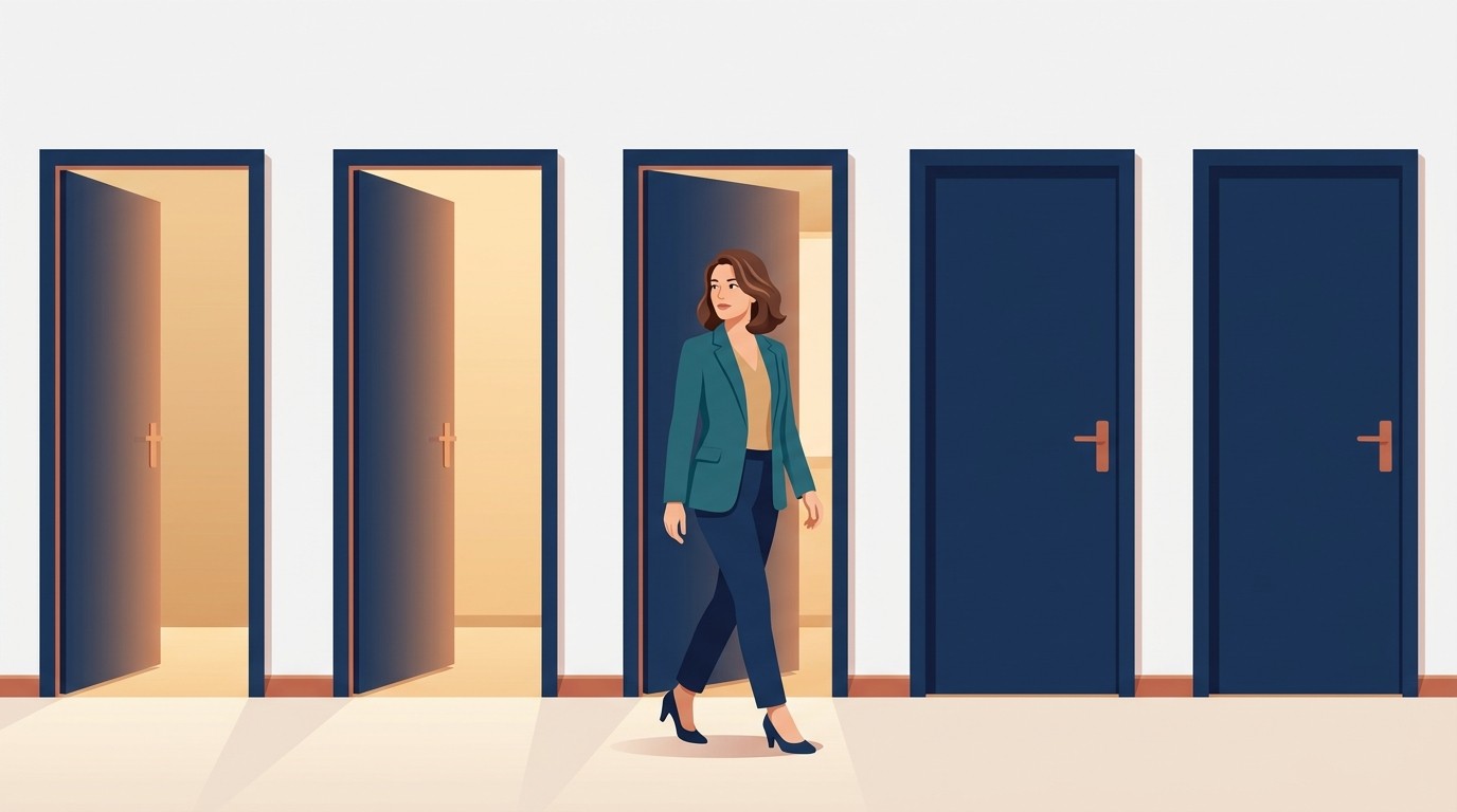 Illustration : une collaboratrice avance dans un couloir dont les portes sont ouvertes derriere elle et fermees devant