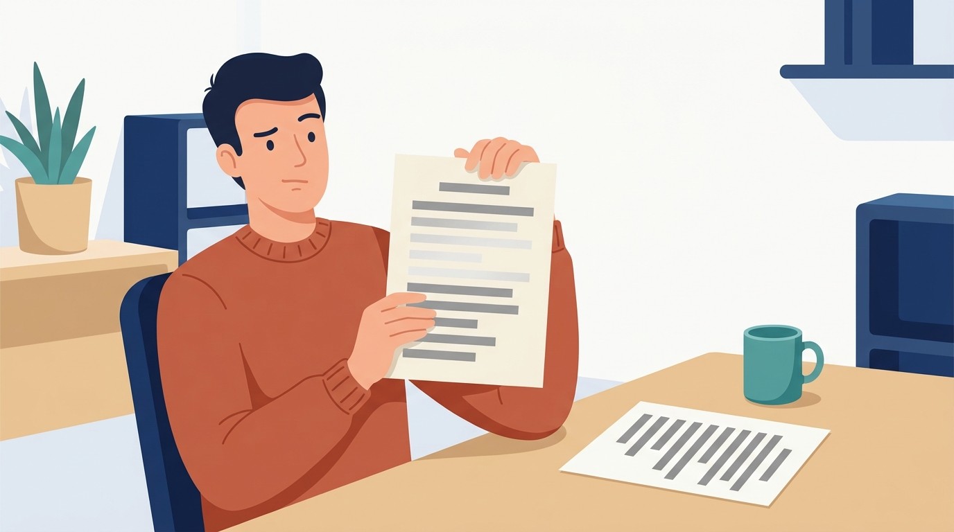 Illustration : un collaborateur perplexe lit un document dont plusieurs lignes apparaissent delavees et illisibles