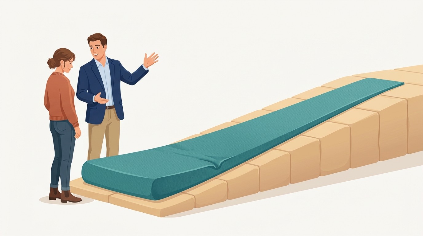 Illustration : une rampe ascendante recouverte d'un matelas epais en bas qui s'amincit en montant, commente par deux collaborateurs