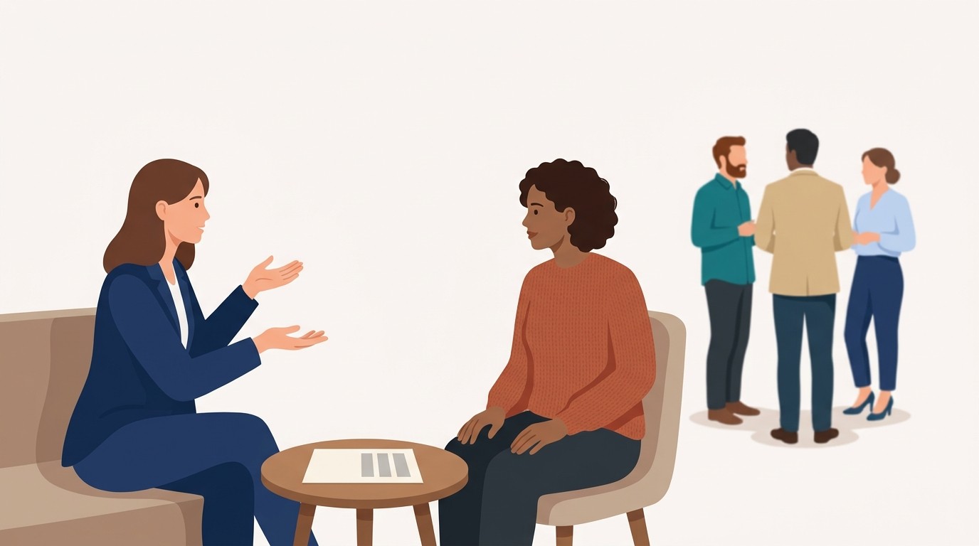 Illustration : un entretien calme entre une manager et une collaboratrice, tandis que des collegues discutent en arriere-plan