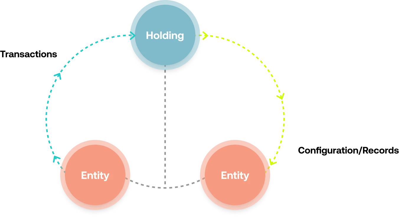 An image representing a Hierarchical setup with Holding at the top and Entities at the bottom with interconnecting arrows