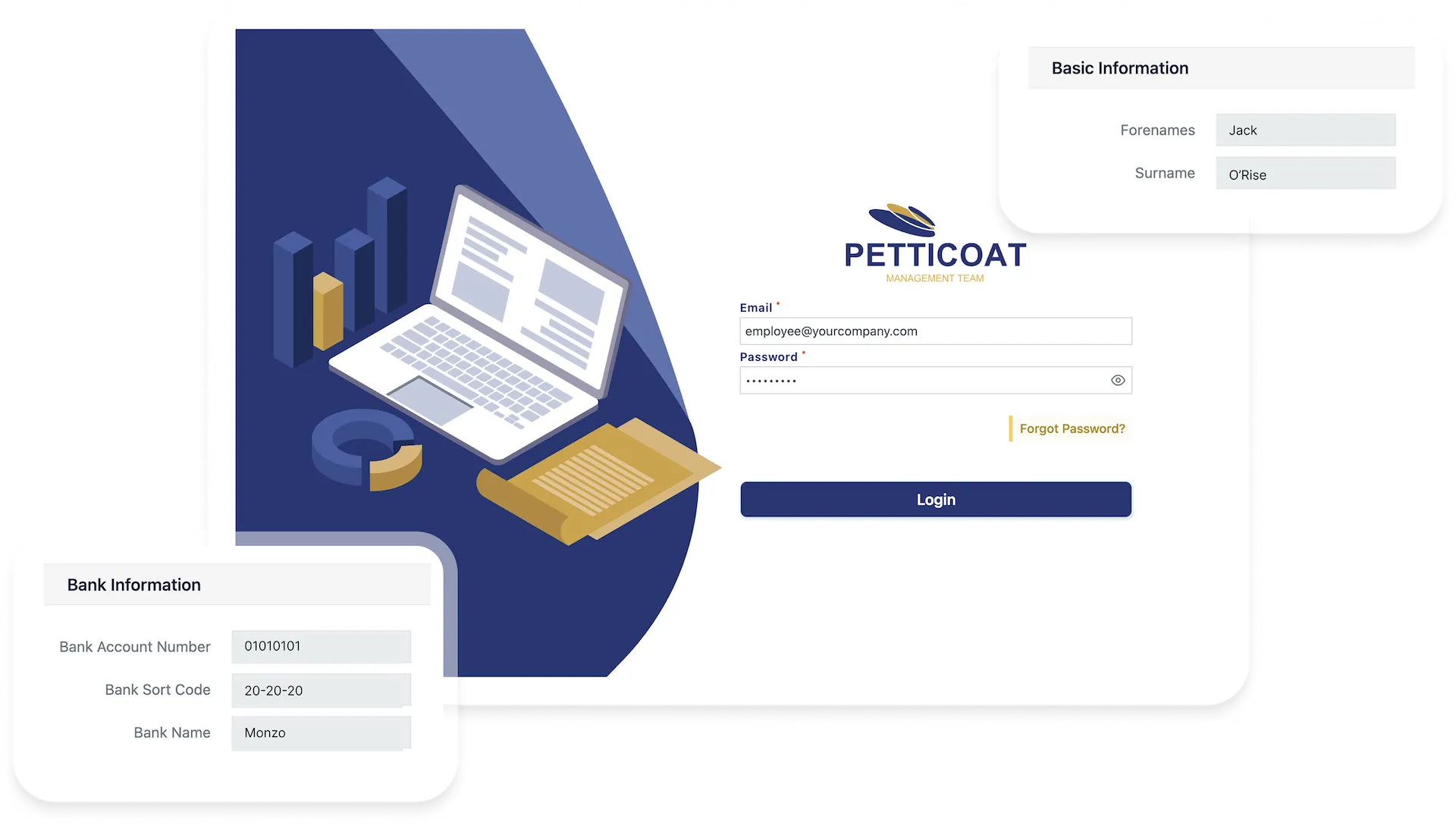 Login screen for Petticoat Management Team with fields for email and password, and pop-up boxes showing basic information and bank information details.