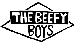 Logo displaying the text 'THE BEEFY BOYS' inside a diamond-shaped outline.