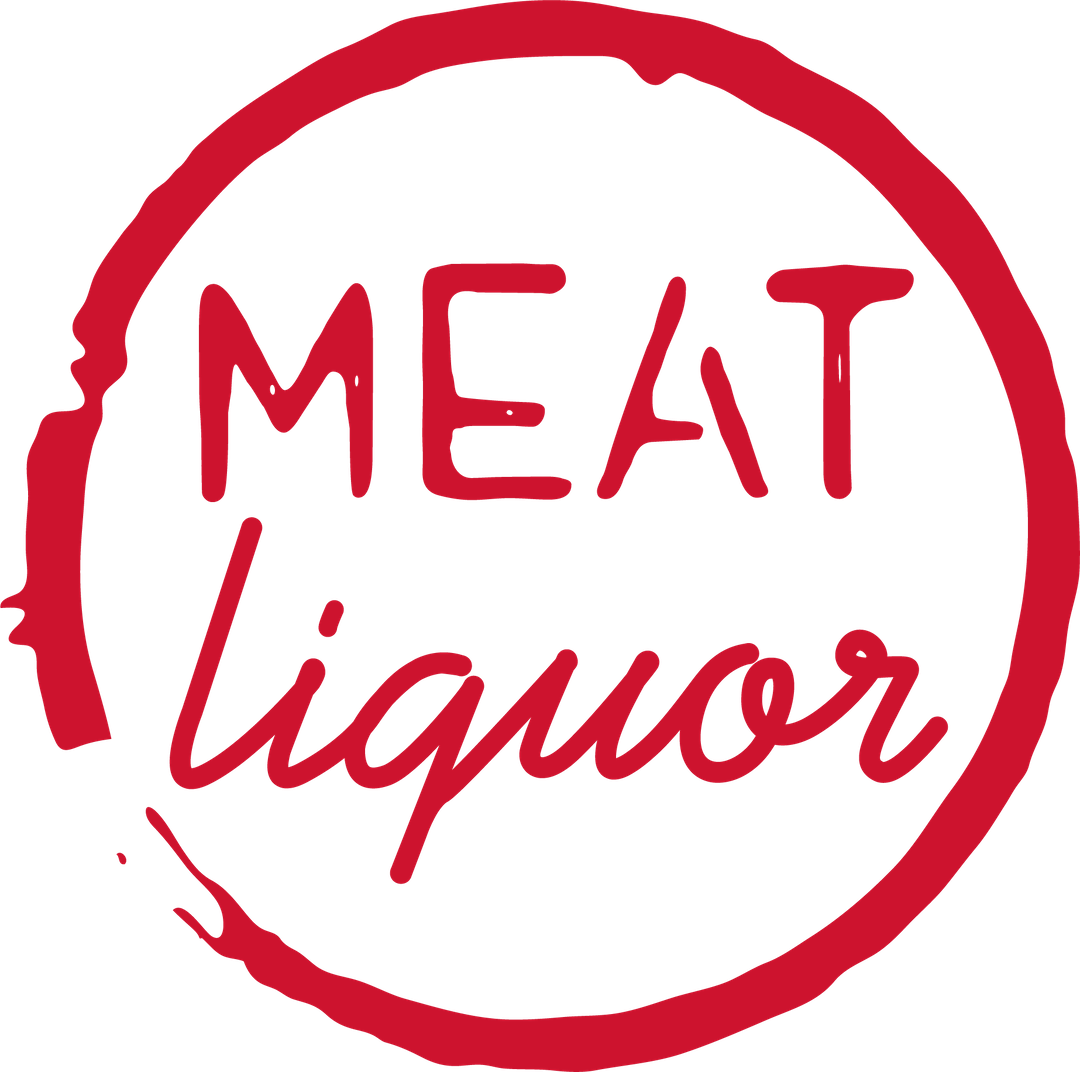 Round neon sign with the words 'MEAT liquor' in capital and cursive letters.