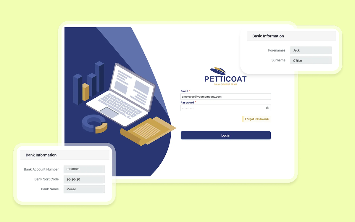 Login screen for Petticoat Management Team with email and password fields, and inset boxes showing basic user information and bank details.