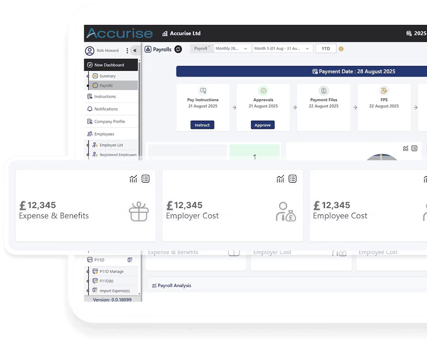 Accurise payroll software dashboard showing pay instructions, approvals, payment files, FPS with payment date 28 August 2025, and expense, employer, and employee cost each listed as £12,345.