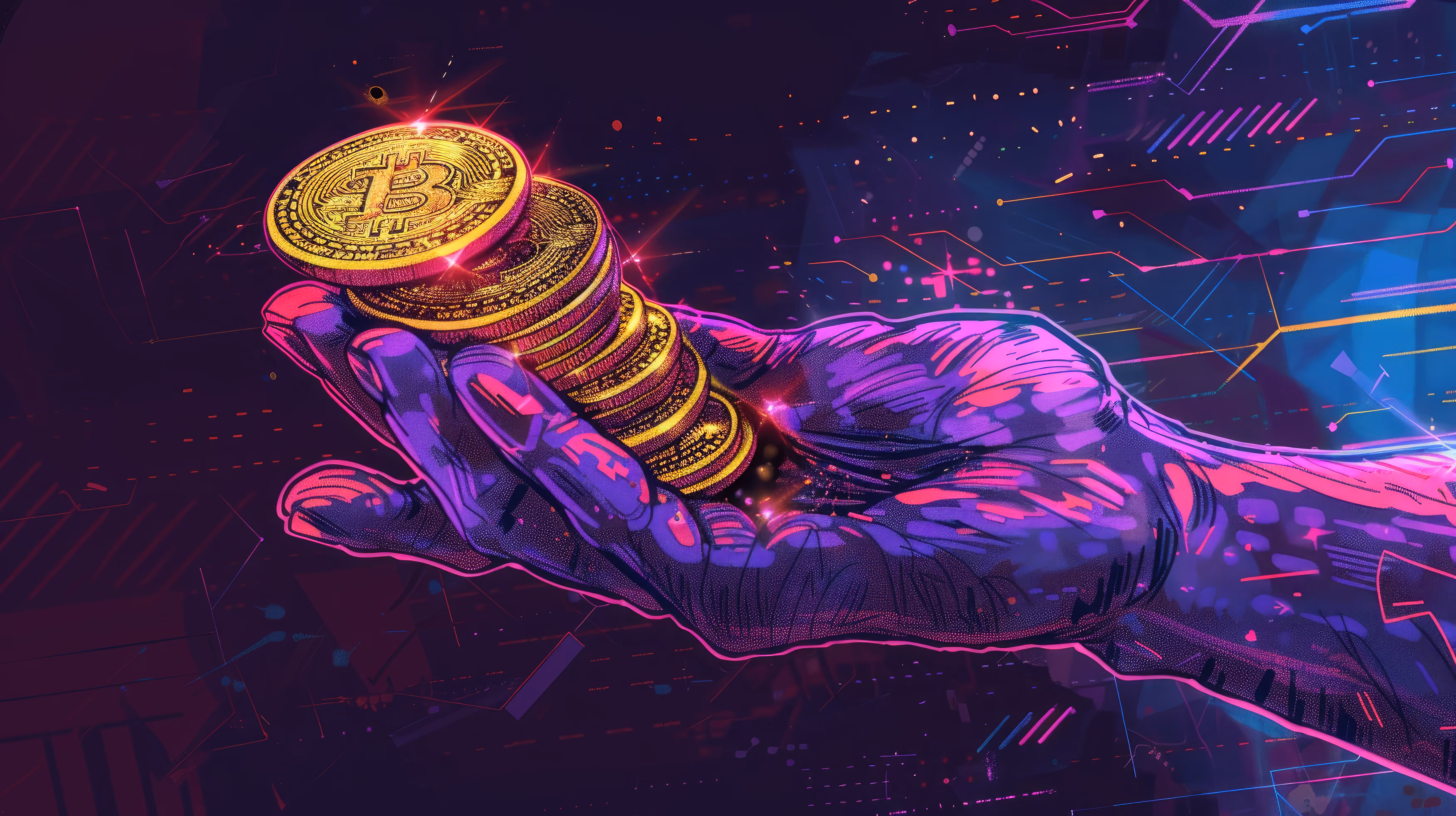 A hand holding a stack of coins with a bitcoin on top of it.