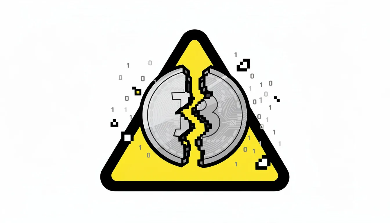The image depicts a warning symbol alongside a broken digital coin, symbolizing the failure of an algorithmic stablecoin. This visual highlights the risks associated with stablecoin issuers in the financial system, particularly in the context of maintaining a stable value amidst regulatory scrutiny.