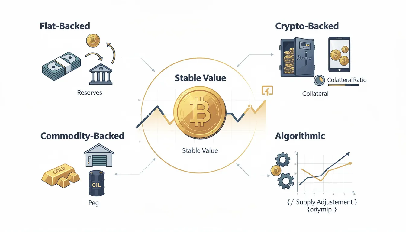 The diagram illustrates various digital coins, known as stablecoins, that maintain a stable value through different backing mechanisms such as fiat currency, money market funds, and treasury bills. It highlights the role of stablecoin issuers and traditional financial institutions in ensuring financial stability within the global finance and digital asset ecosystem.