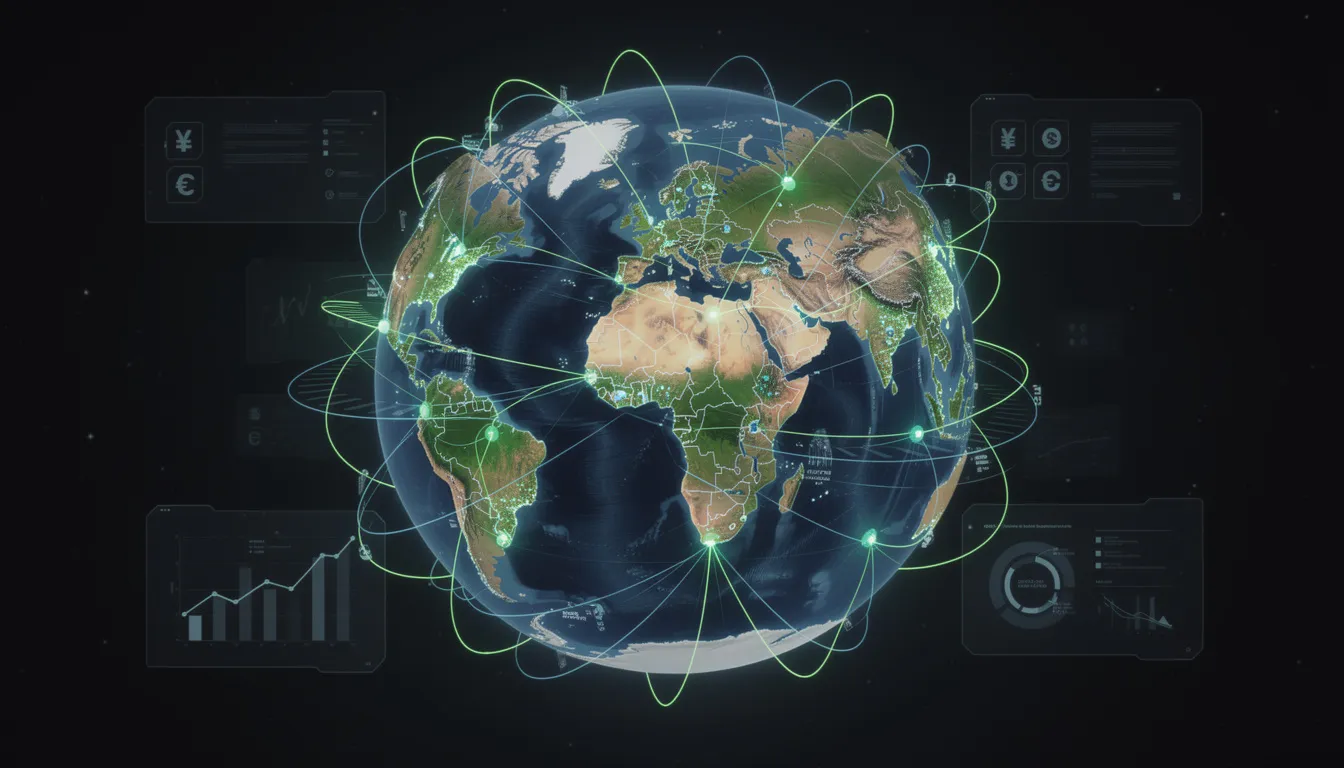 The image depicts a global network illustrating instant money transfers across continents, highlighting the interconnectedness of financial systems and the role of stablecoins in facilitating cross-border payments. It showcases the evolution of digital money and its impact on global finance, emphasizing the importance of maintaining a stable value in the financial ecosystem.