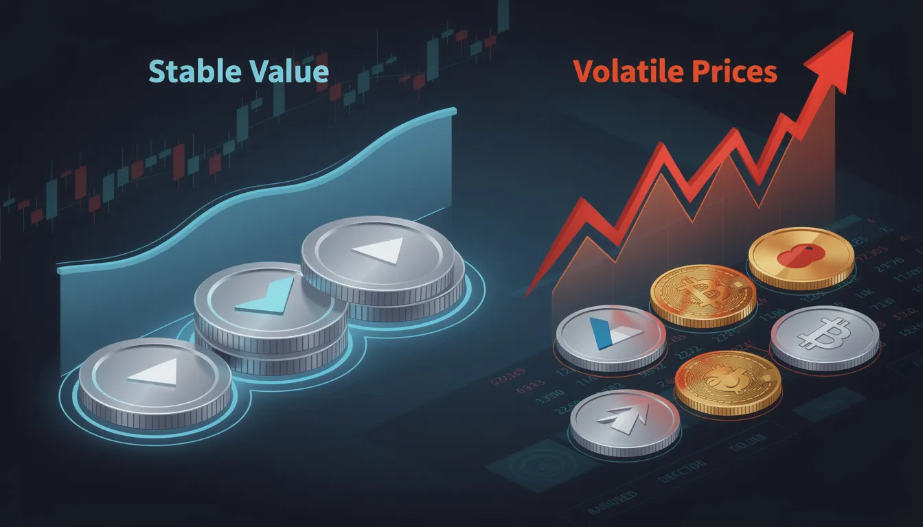 The image illustrates various digital coins that maintain a stable value, showcasing their contrast with the fluctuating prices of volatile cryptocurrencies. These stablecoins, often backed by fiat currency like the US dollar or treasury bills, serve as a financial instrument to enhance financial stability and facilitate cross-border payments in the global finance landscape.