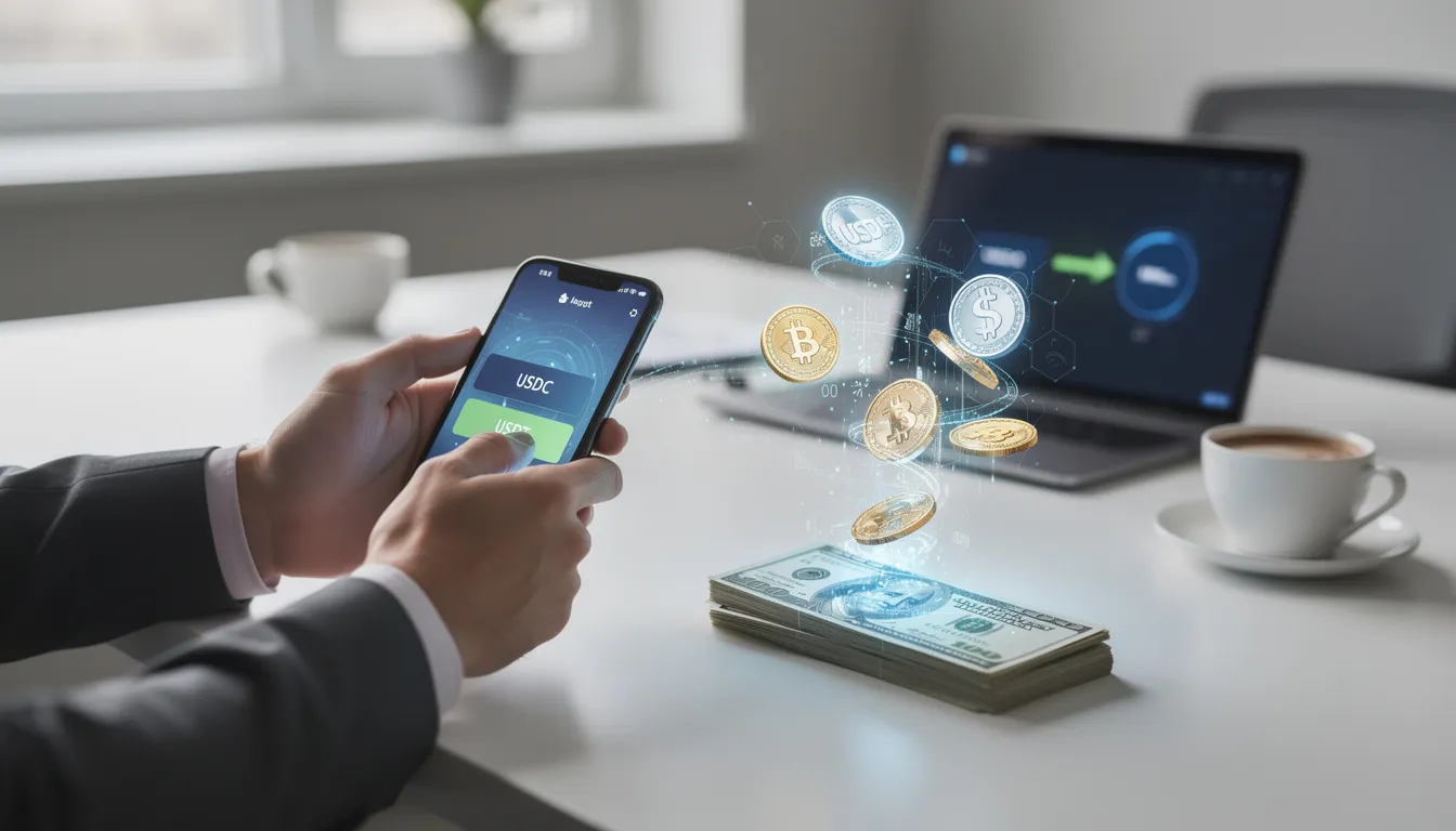 A person is focused on their smartphone, using an app to convert US dollars into digital stablecoins, a financial instrument designed to maintain a stable value and facilitate cross-border payments in the global finance ecosystem. The scene reflects the growing adoption of digital cash and crypto assets in the traditional banking system.