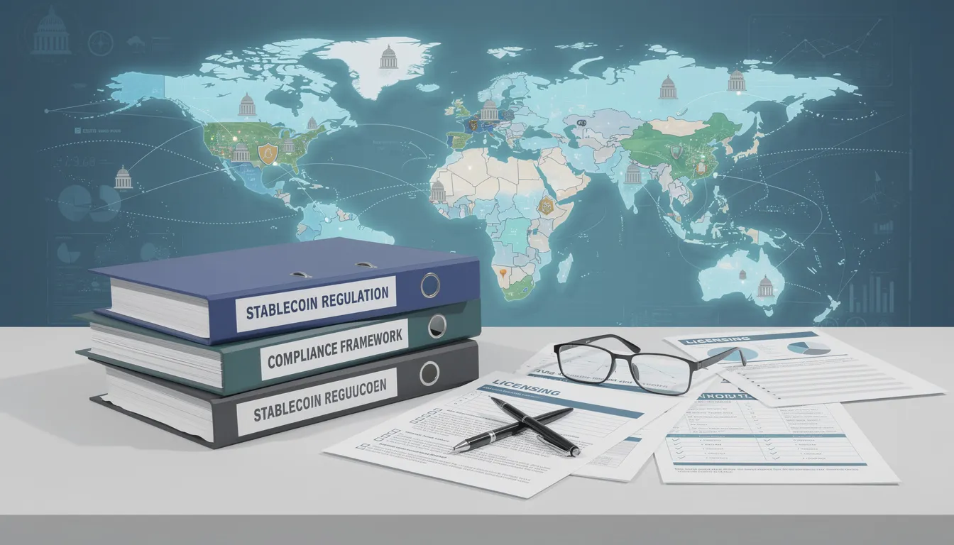 The image features regulatory documents alongside a global map that highlights the expansion of stablecoin oversight, emphasizing the growing importance of stablecoins in the financial system. It illustrates how these digital assets, often backed by fiat currency like the US dollar, are becoming integral to cross-border payments and the global finance landscape, reflecting regulatory scrutiny and the need for a robust framework to ensure financial stability.