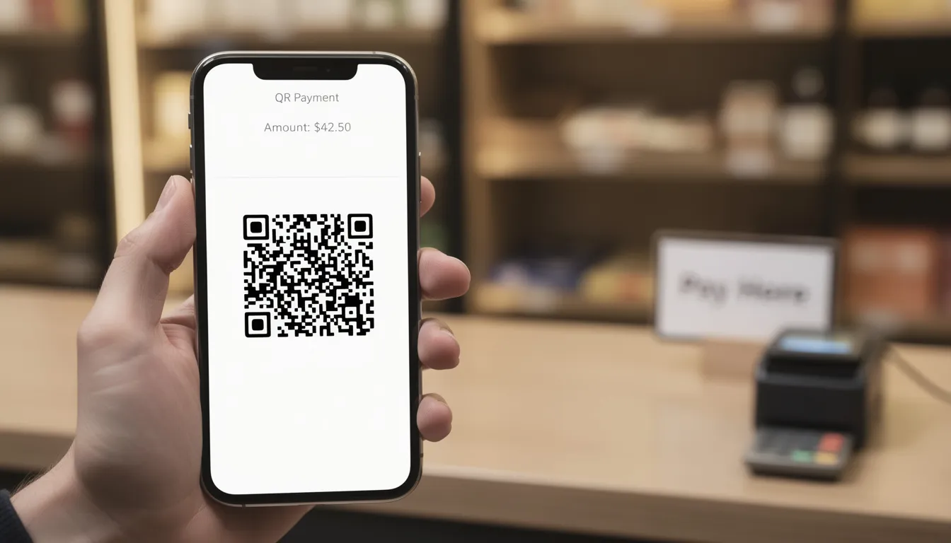 The image shows a smartphone displaying a QR code for a merchant transaction, illustrating the use of digital cash for payments. This method highlights the growing adoption of stablecoins and digital currencies in global finance, providing a low-cost alternative to traditional banking systems and enhancing merchant payments.