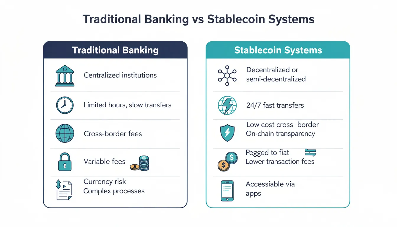 The image is a comparison chart highlighting the differences between traditional banking systems and stablecoin systems, showcasing aspects such as fiat currency, financial stability, and the role of stablecoin issuers in global finance. It contrasts elements like bank deposits and treasury bills with digital assets and algorithmic stablecoins, emphasizing their potential for low-cost cross border payments and market capitalization.