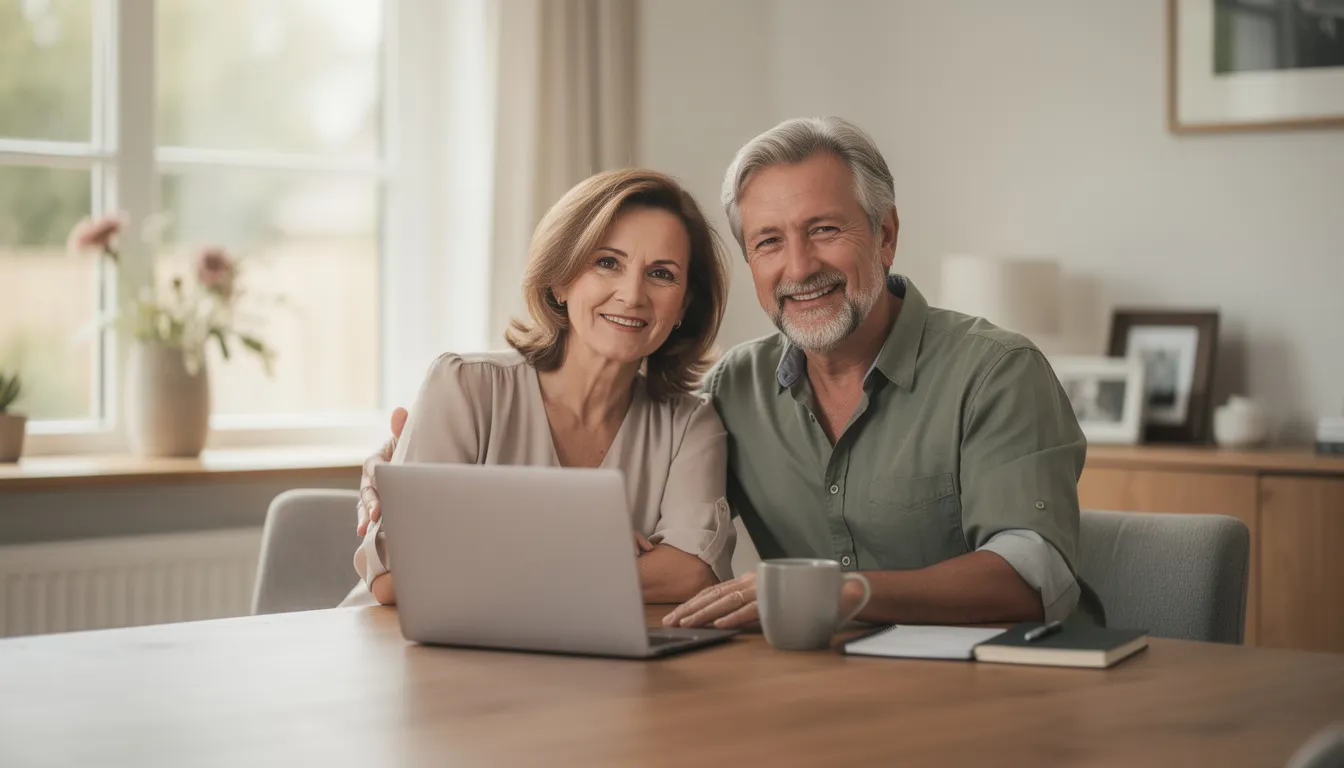 A relaxed mature couple sits comfortably at a dining table with a laptop, exuding confidence as they discuss investment decisions in the crypto market. They appear to be analyzing data trends and charts, possibly related to risk management and the current state of the greed index.
