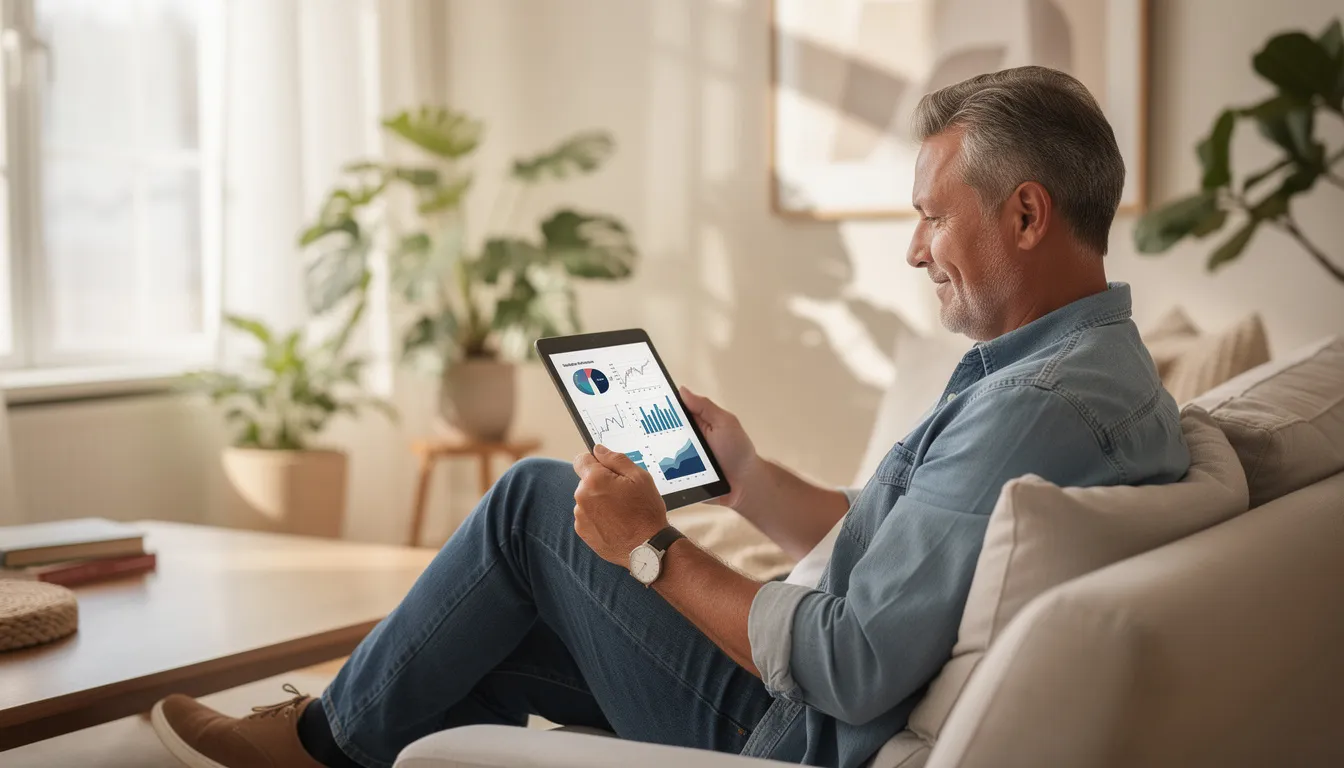 A calm, mature person sits comfortably in a bright living room, reviewing financial information on a tablet. The screen displays various charts and data related to investment decisions, including trends in the crypto market and insights into risk management.