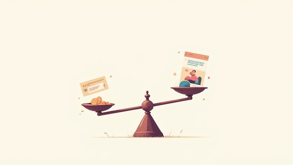 A split image showing a woman in a stylish outfit on the left and colorful clothing on hangers on the right, symbolizing the mix of organic brand building and paid product promotion.