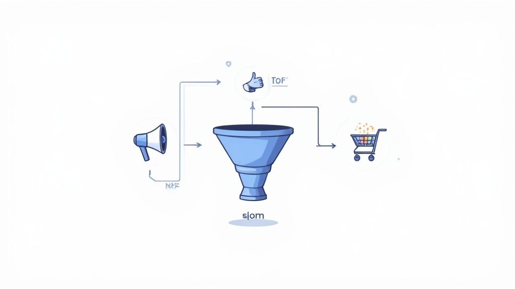 A diagram of a sales funnel with arrows pointing down through different stages, representing the customer journey.