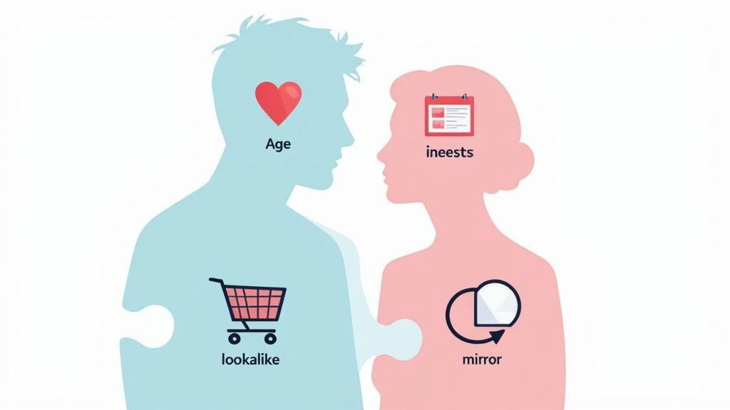 A magnifying glass focusing on a group of people, symbolizing the act of targeting specific audiences on social media.