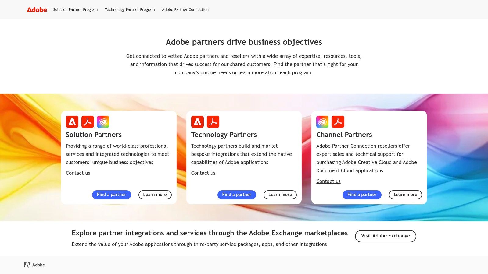 Adobe's partner portal showing the partner finder tool with filters for location, partner level, and specialization.
