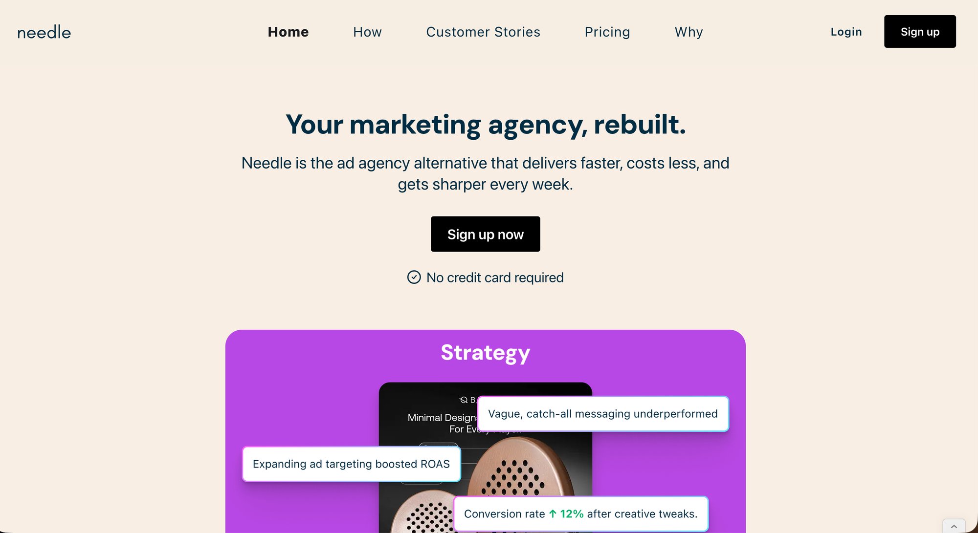 A website for 'Needle' ad agency, showcasing its homepage with marketing solutions, a signup button, and strategic ad performance insights.
