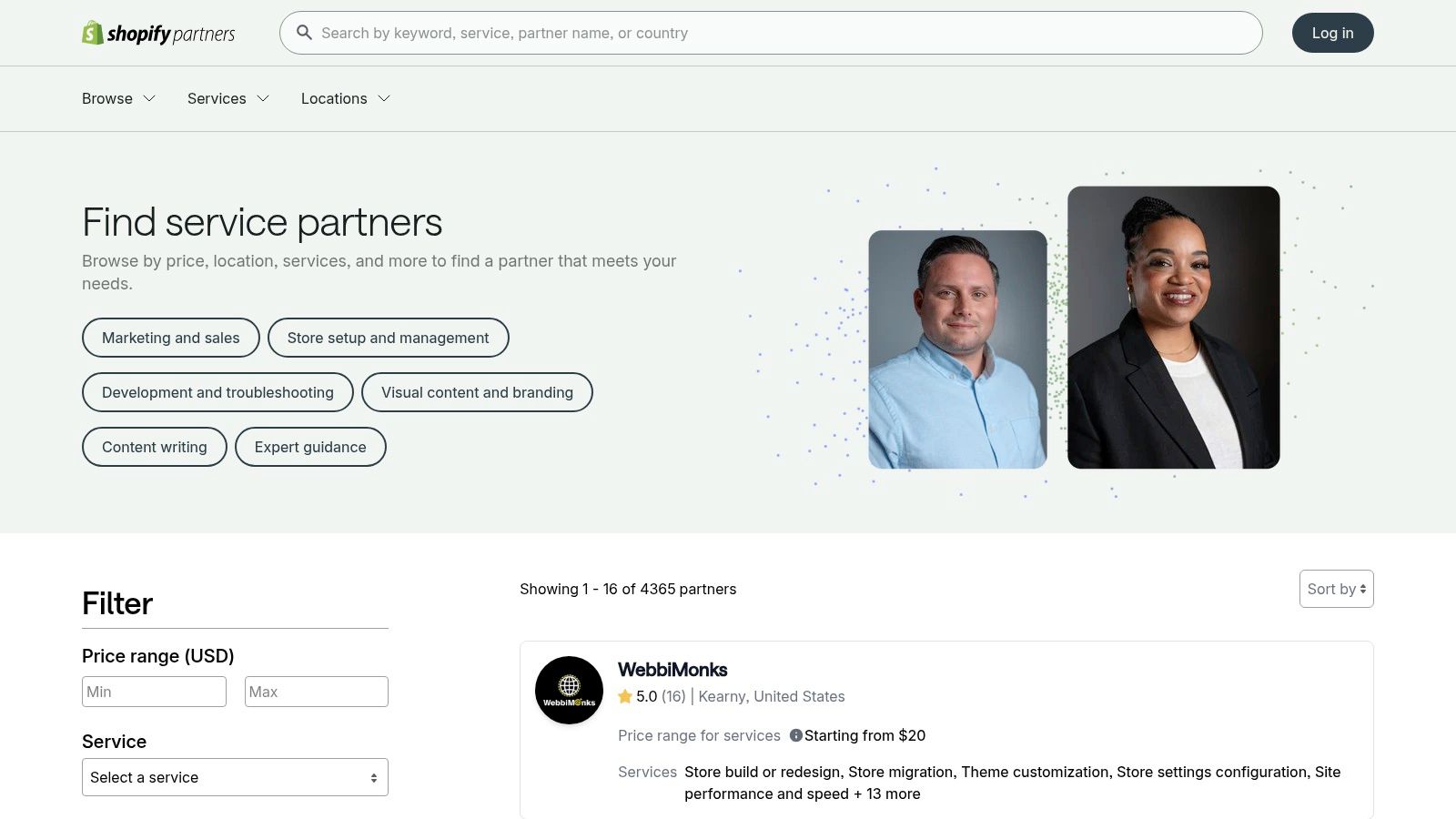 A screenshot of the Shopify Partner Directory, showing filter options on the left and a grid of agency listings on the right, each with a logo, rating, and service specialty.