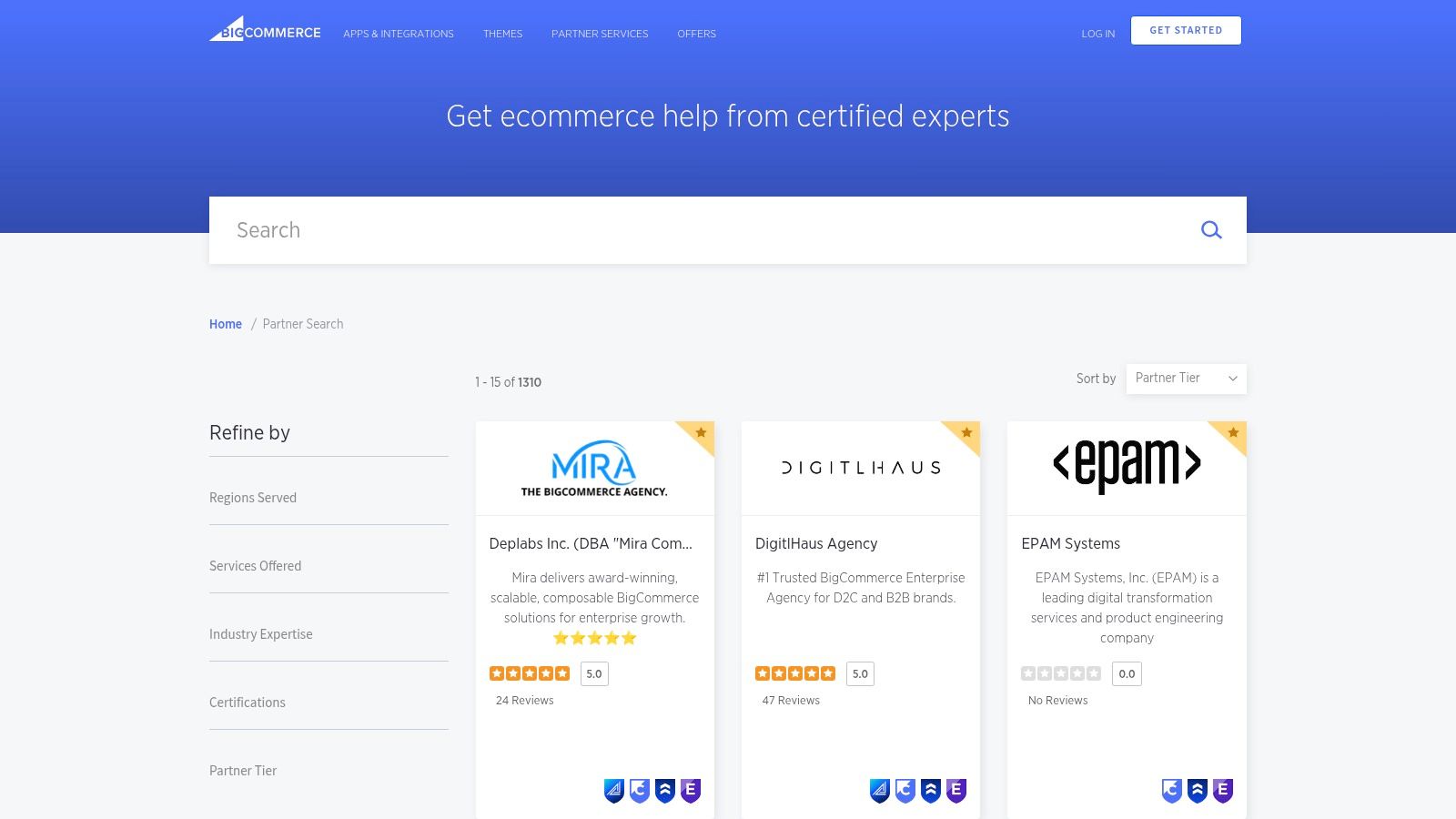 A screenshot of the BigCommerce Partner Directory page, showing a search bar and filters for finding agencies by services, region, and industry.