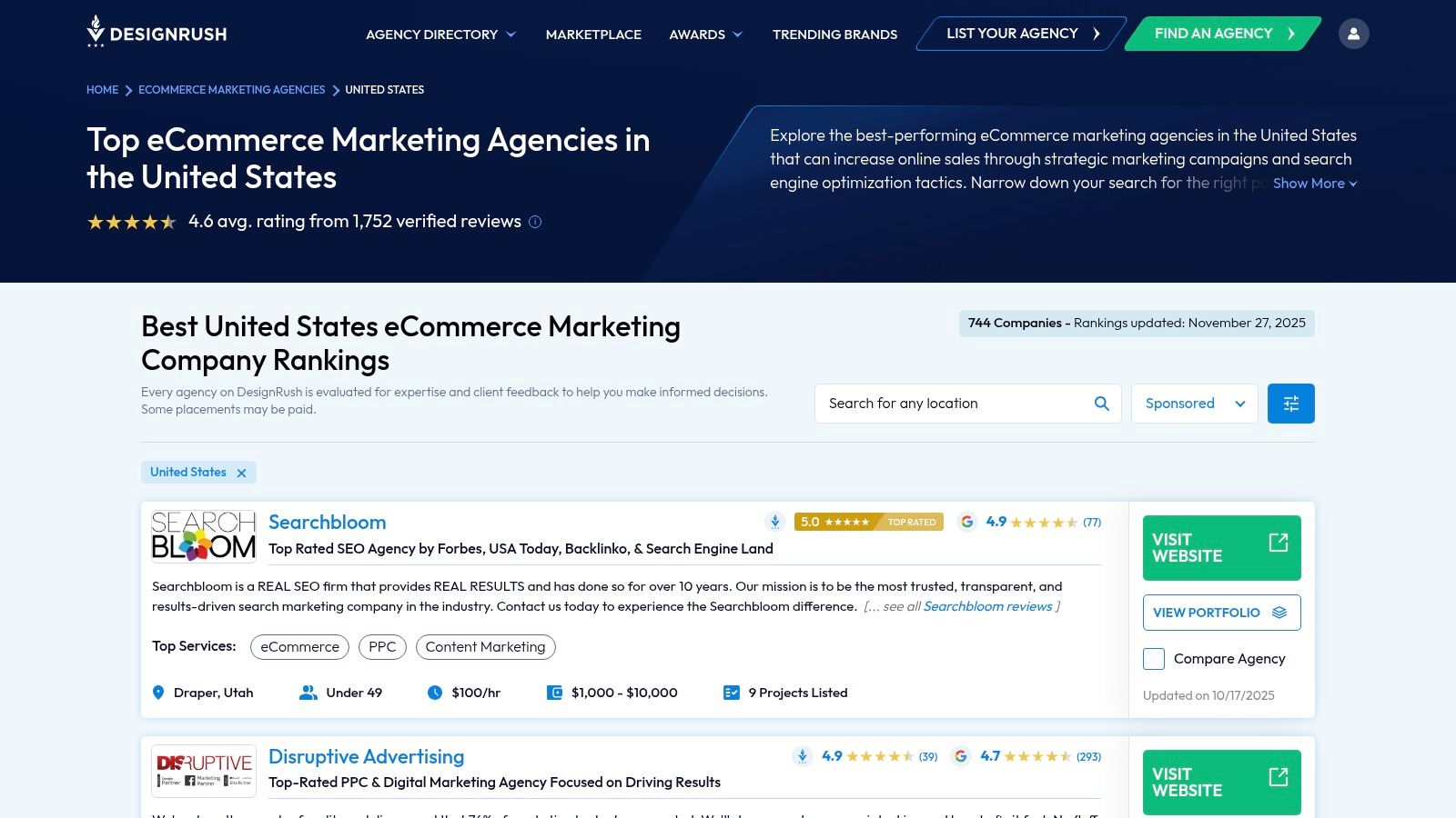 A screenshot of the DesignRush website's directory for top ecommerce marketing agencies, showing a list of agencies with their logos, ratings, locations, and key service focuses.
