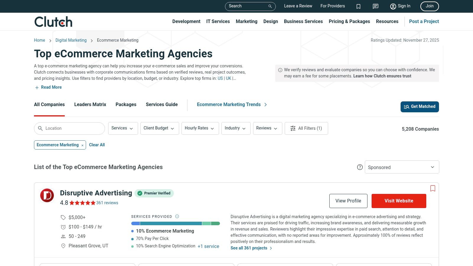 A screenshot of the Clutch website's directory for top ecommerce marketing agencies, showing a list of agencies with their logos, ratings, locations, and key service focuses.