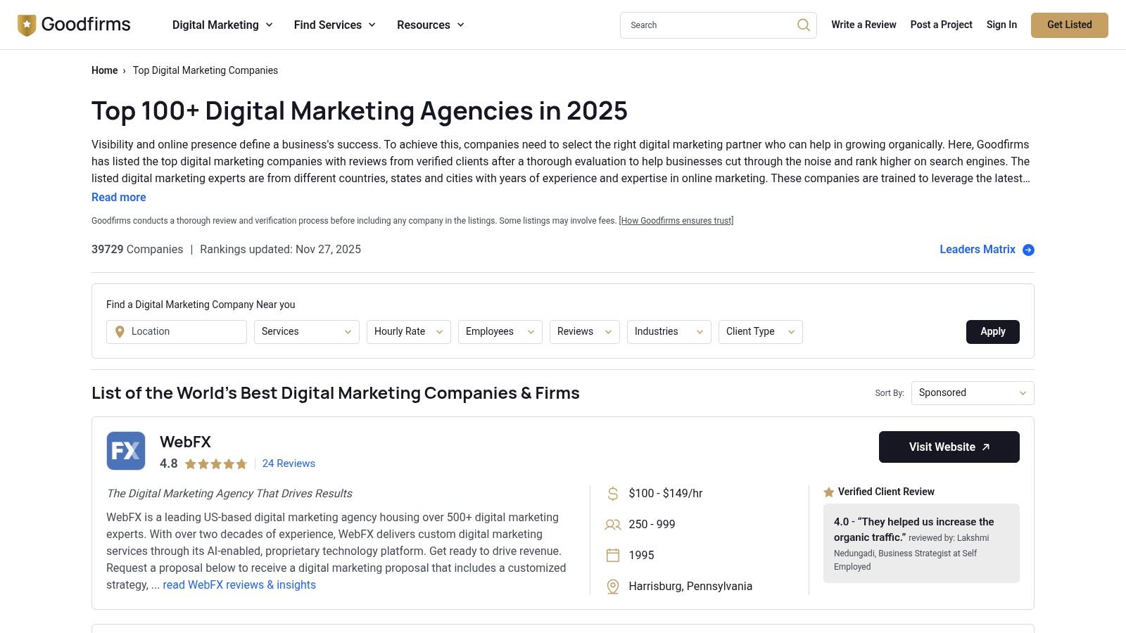 A screenshot of the GoodFirms website showing a directory listing of top digital marketing companies, with filters for services, location, and hourly rates visible on the side.
