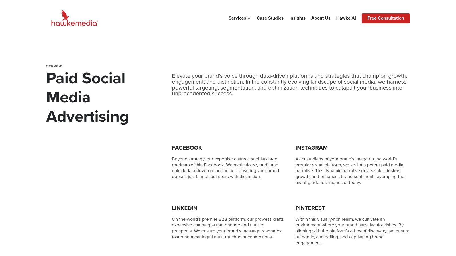 Hawke Media's paid social media services page.