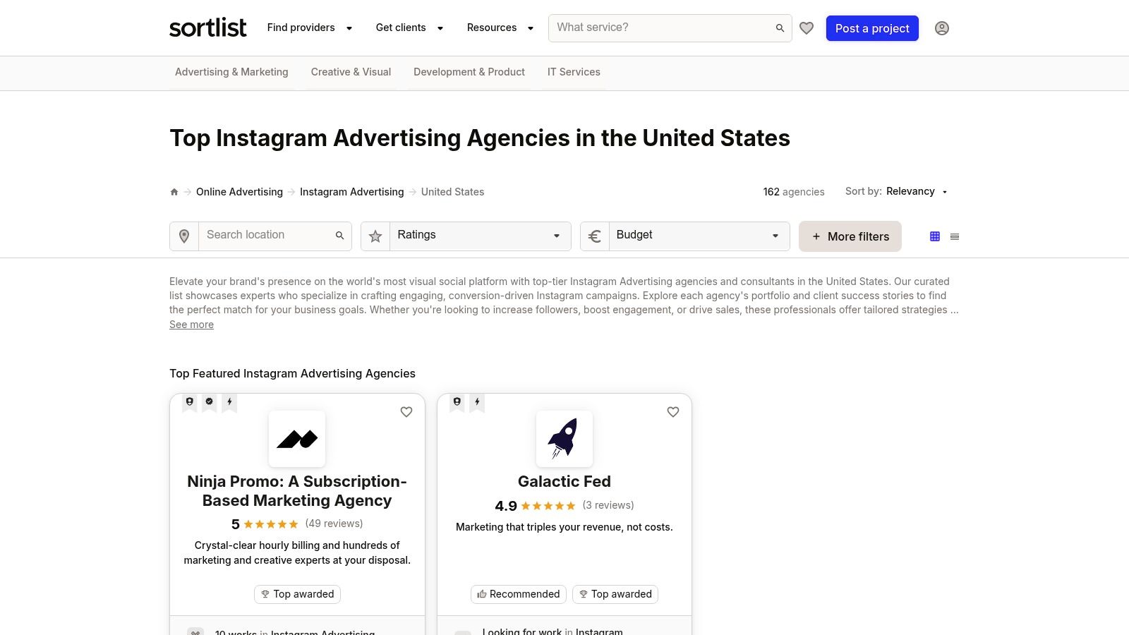 Sortlist's platform displaying Instagram advertising agencies with filters for budget and location.