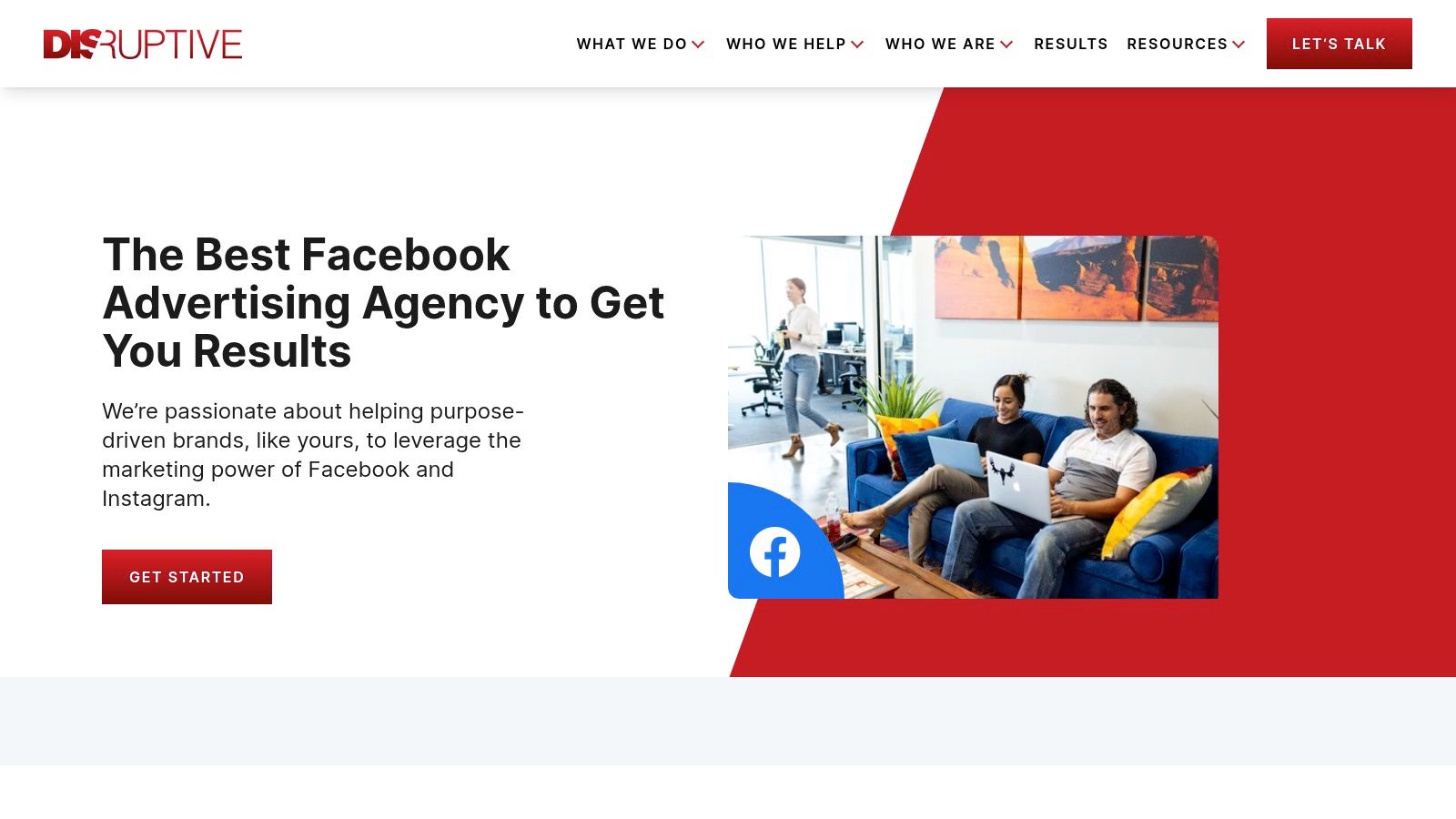 Disruptive Advertising website showcasing their social media advertising services.