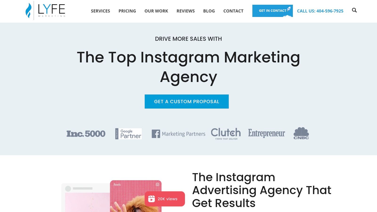 LYFE Marketing's website showcasing their Instagram advertising services.
